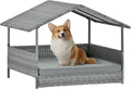 wicker dog house with canopy, 32" outdoor elevated rattan dog bed with water-resistant soft cushion, large outside raised dog sh