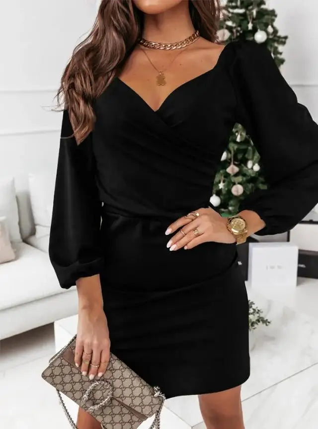 Women's Clothing  Autumn and Winter New Fashion Commuter V-neck Dress Ladies Casual Cross Long Sleeve Pullover Dress
