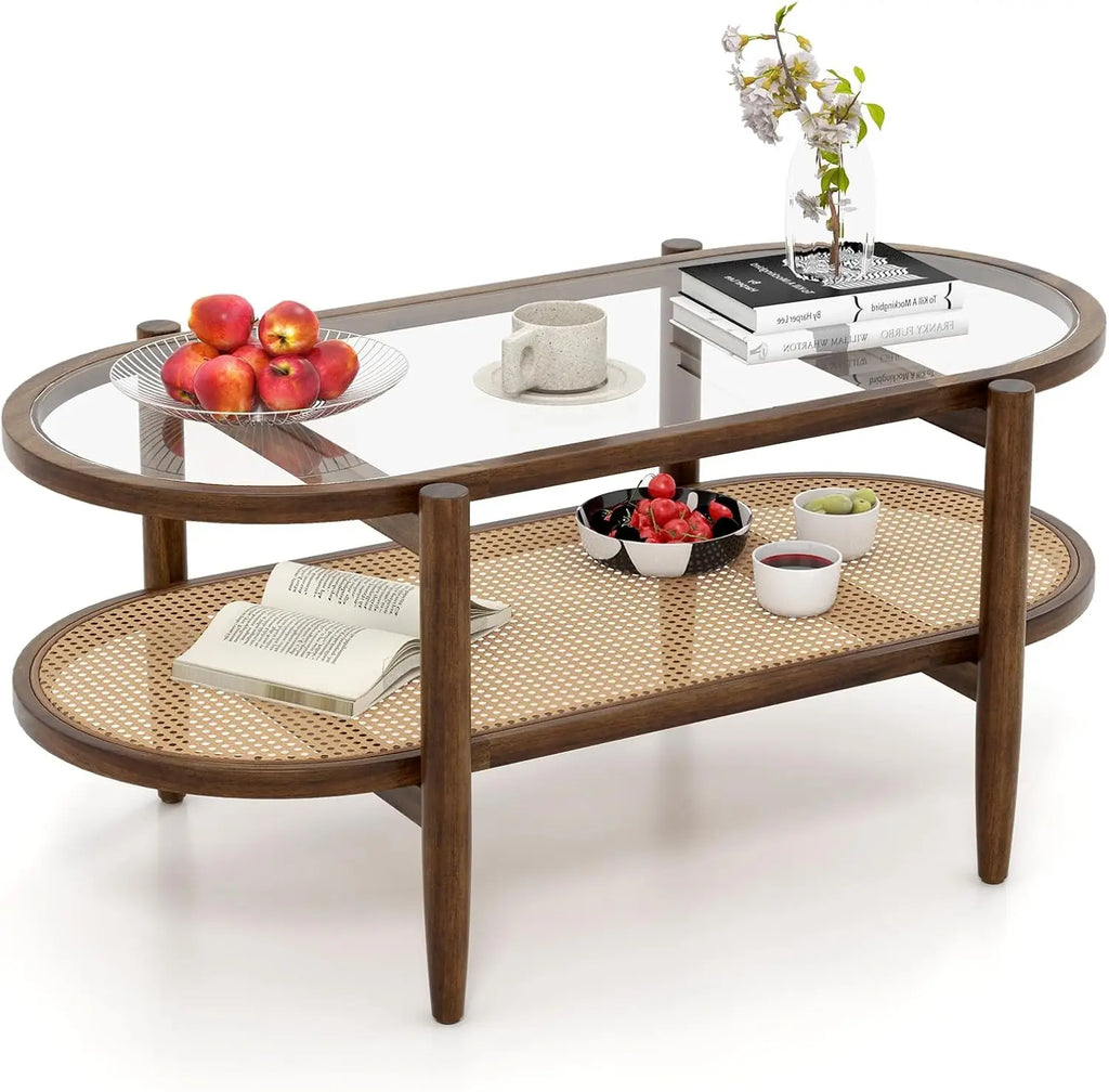 Oval Acacia Wood Coffee Table, 2-Tier with Glass Top & PE Rattan Shelf, Boho Modern Center Table, Brown