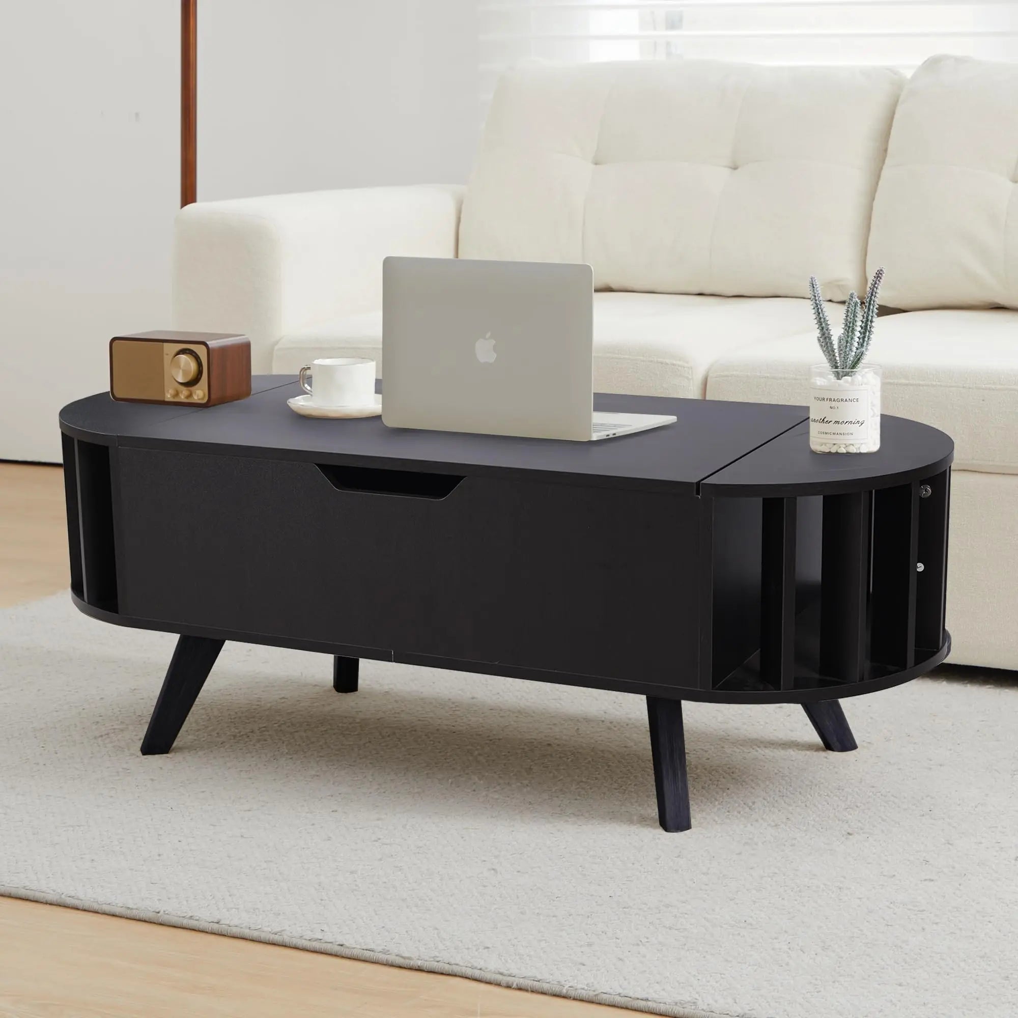 Wooden lift-top coffee table with hidden storage, 47.24-inch oval lift-top surface, low-profile living room coffee table, curved