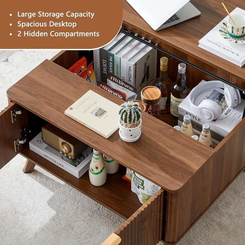 Fluted Lift Top Coffee Table with Large Hidden Compartment, 31.5” Wooden Center Table with Storage, Mid Century Modern Lift Tabl