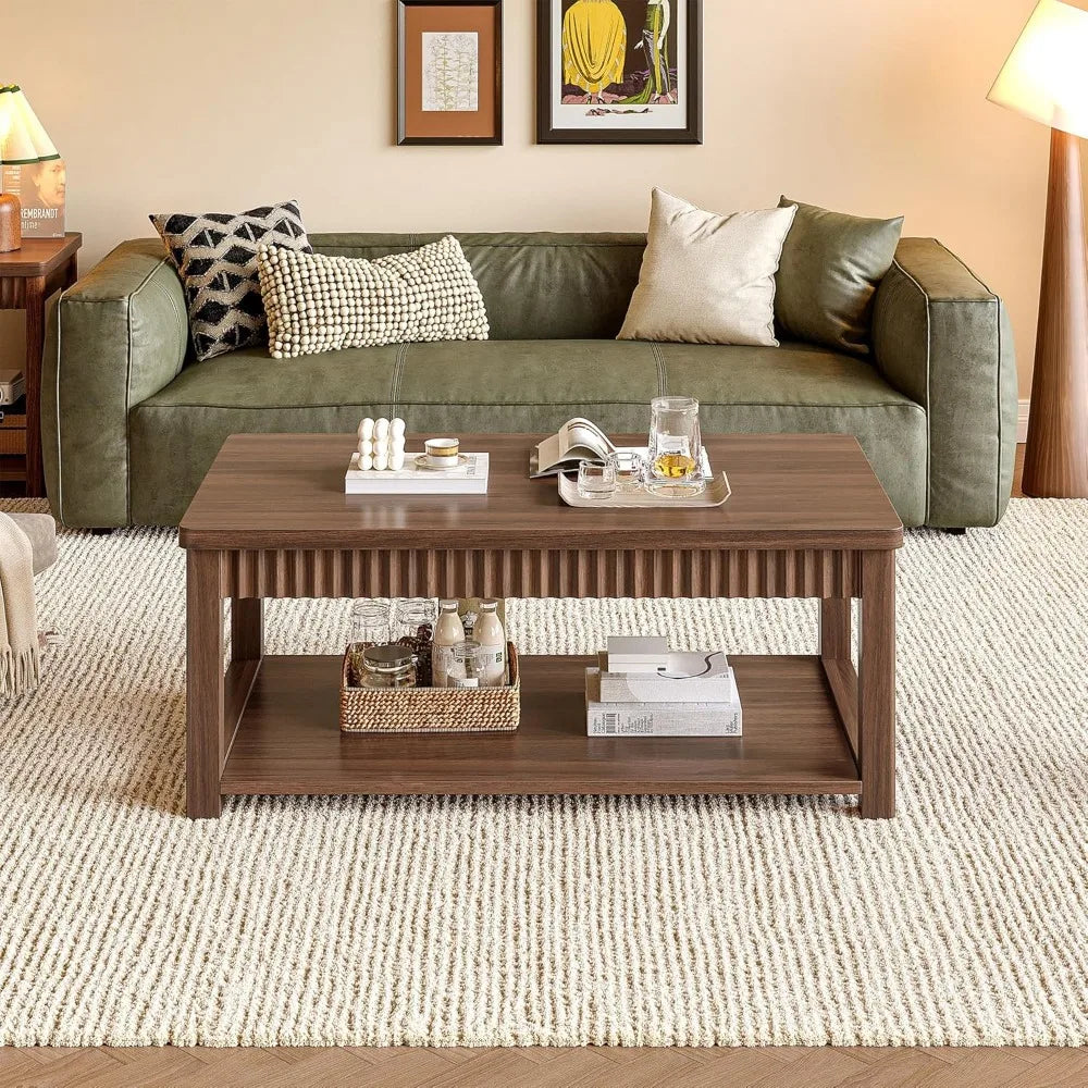 Coffee Table, 39 Inch Modern Coffee Tables for Living Room with 2-Tier Storage & Wave-Edge, Walnut Center Table for Bedroom/Offi