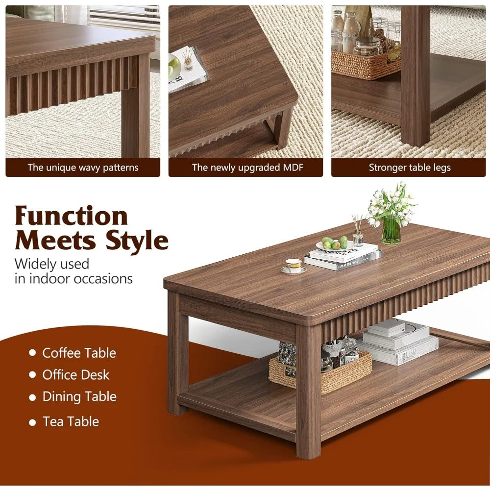 Coffee Table, 39 Inch Modern Coffee Tables for Living Room with 2-Tier Storage & Wave-Edge, Walnut Center Table for Bedroom/Offi