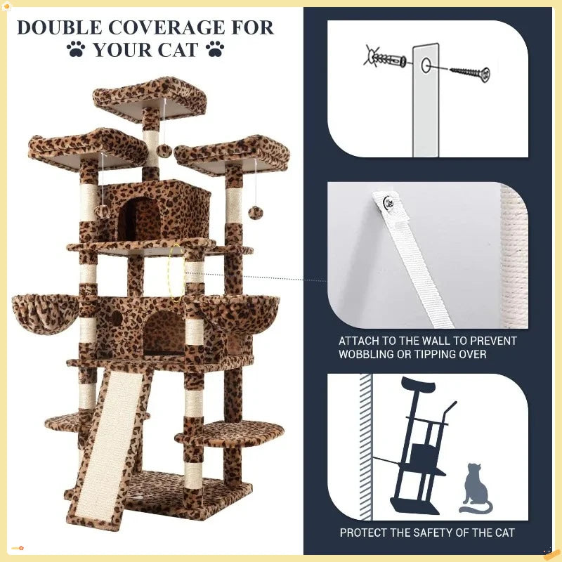 68'' Tall Cat Tree House for Large Cats, Multi-Level Playground with Condo & Scratching Posts, Space-Saving Leopard Design