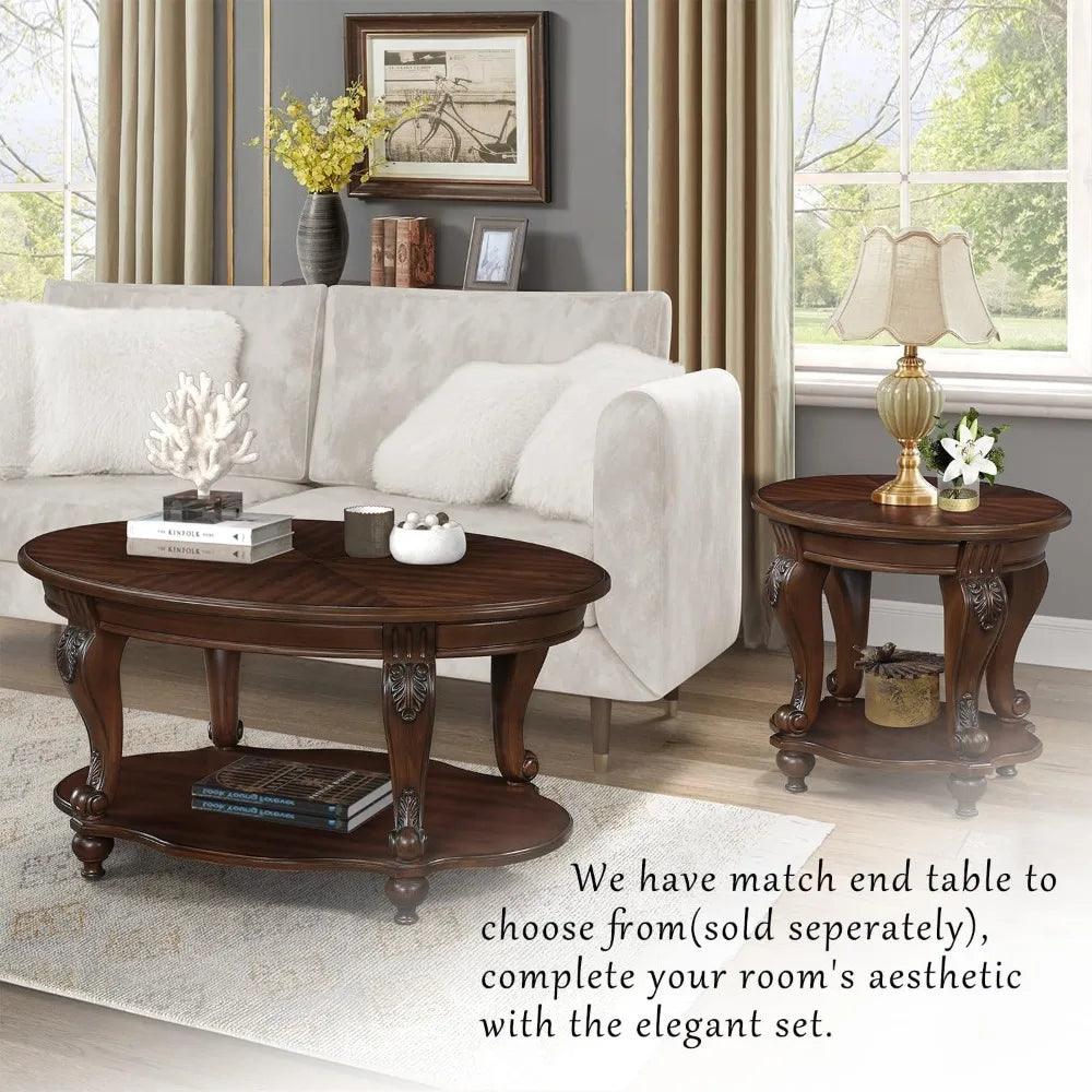 Retro Oval Wood Coffee Table with Open Storage Shelf French Country Style Coffee Table 42 Inch Center Table for Living Room