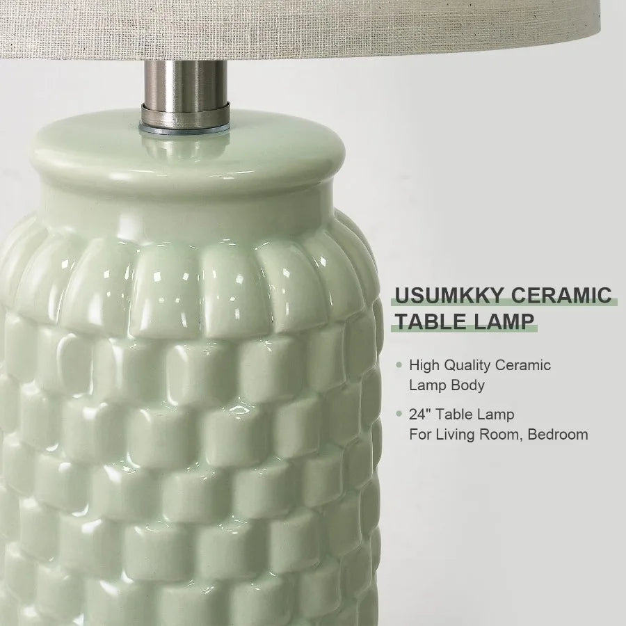 24 Modern Ceramic Green Bedside Lamp Set of 2 Table Lamp for Bedroom Decor Farmhouse Style Table Lamp for Living Room Office Do