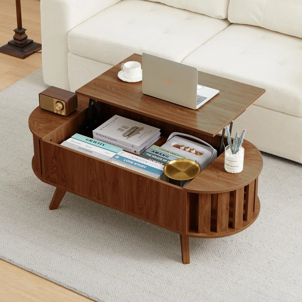 Wooden lift-top coffee table with hidden storage, 47.24-inch oval lift-top surface, low-profile living room coffee table, curved