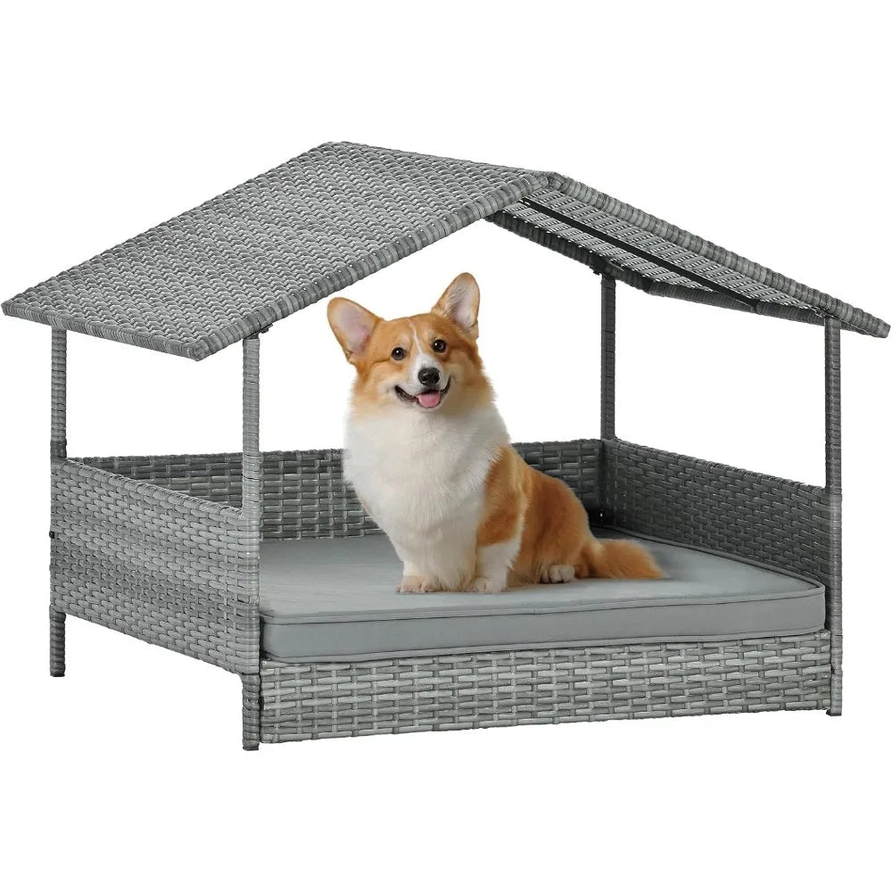 wicker dog house with canopy, 32" outdoor elevated rattan dog bed with water-resistant soft cushion, large outside raised dog sh
