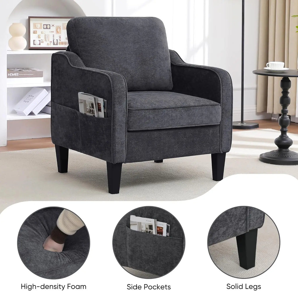 Modern Accent Chair, Upholstered Armchair with Pockets, Dark Grey, for Living Room, Bedroom, Office