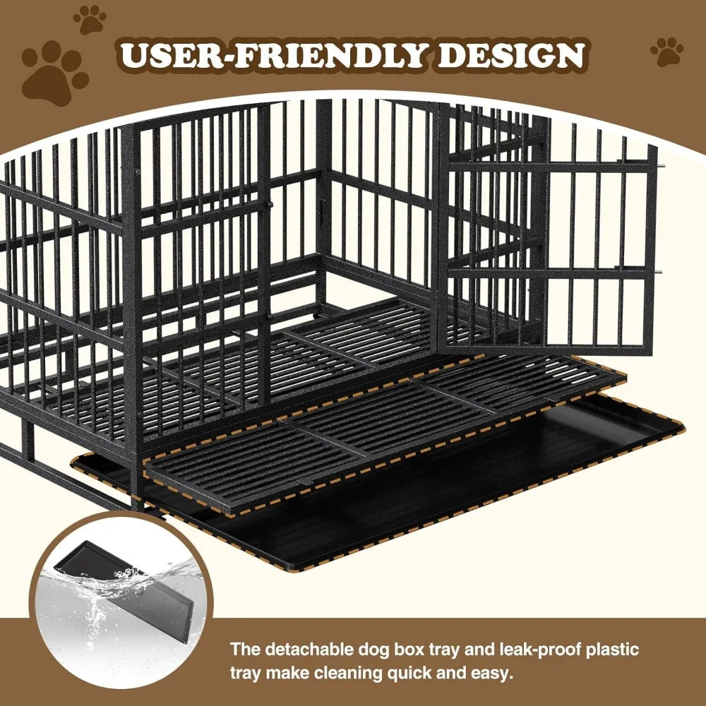 dog crate with removable tray, 37/42/46 inch indestructible and escape proof steel dog cage kennel for high anxiety dogs, heavy