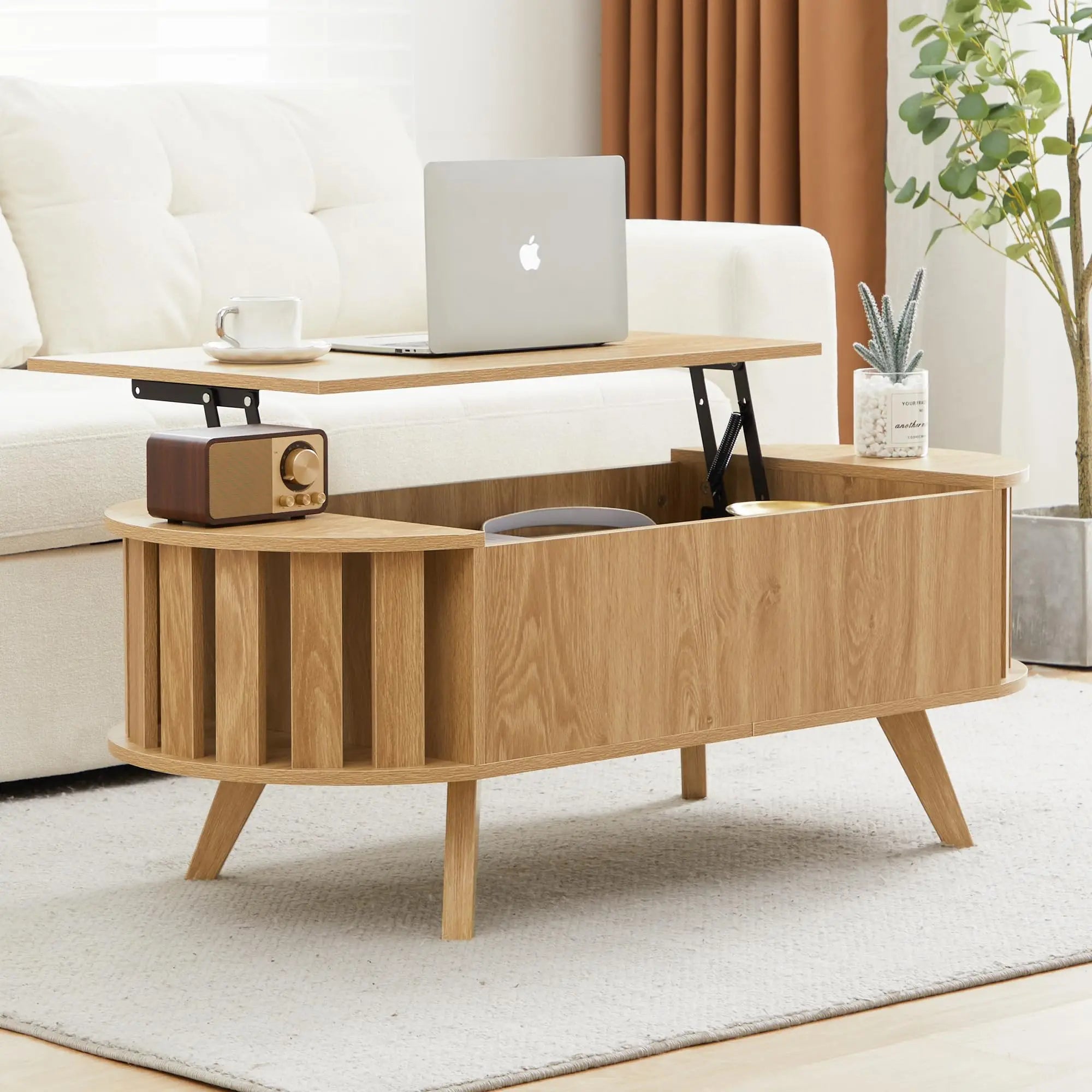 Wooden lift-top coffee table with hidden storage, 47.24-inch oval lift-top surface, low-profile living room coffee table, curved