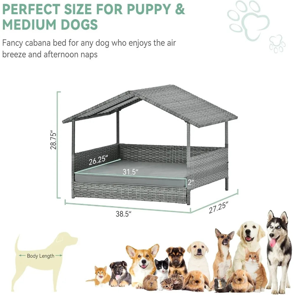 wicker dog house with canopy, 32" outdoor elevated rattan dog bed with water-resistant soft cushion, large outside raised dog sh