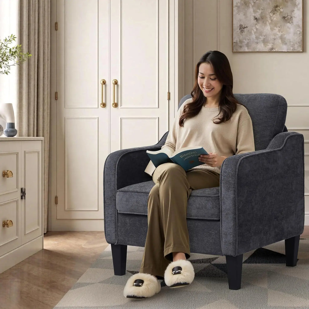 Modern Accent Chair, Upholstered Armchair with Pockets, Dark Grey, for Living Room, Bedroom, Office