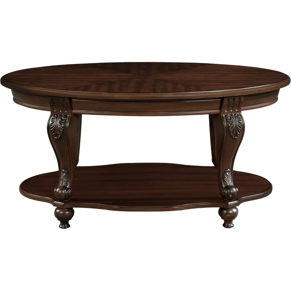 Retro Oval Wood Coffee Table with Open Storage Shelf French Country Style Coffee Table 42 Inch Center Table for Living Room