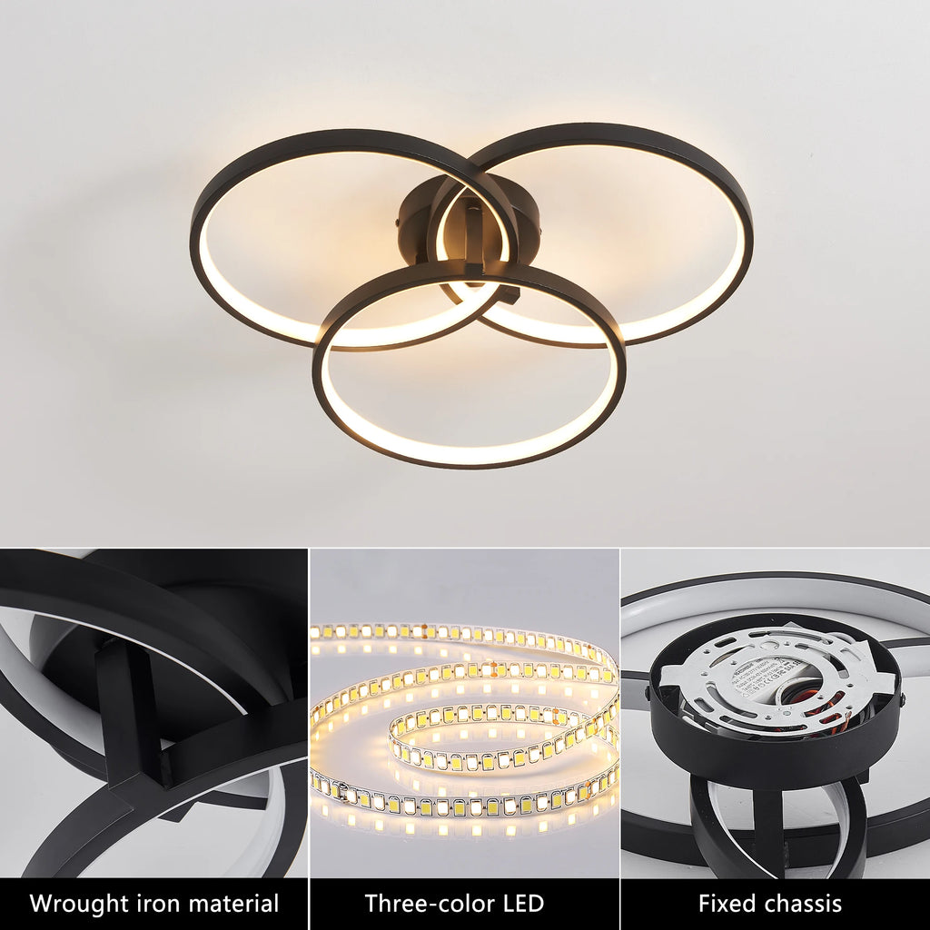 Modern Black LED Ceiling Light, 3-Ring Flush Mount Fixture for Living Room, Bedroom, or Dining Room, Sleek and Energy-Efficient
