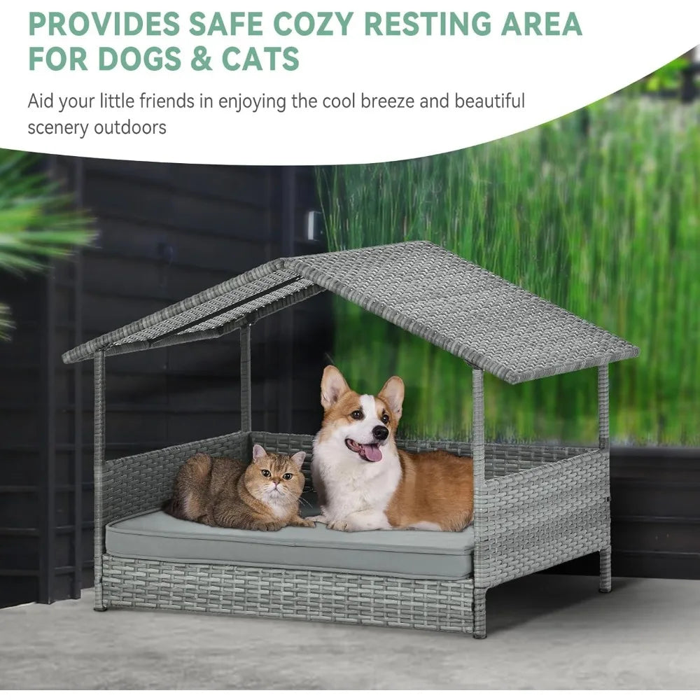 wicker dog house with canopy, 32" outdoor elevated rattan dog bed with water-resistant soft cushion, large outside raised dog sh