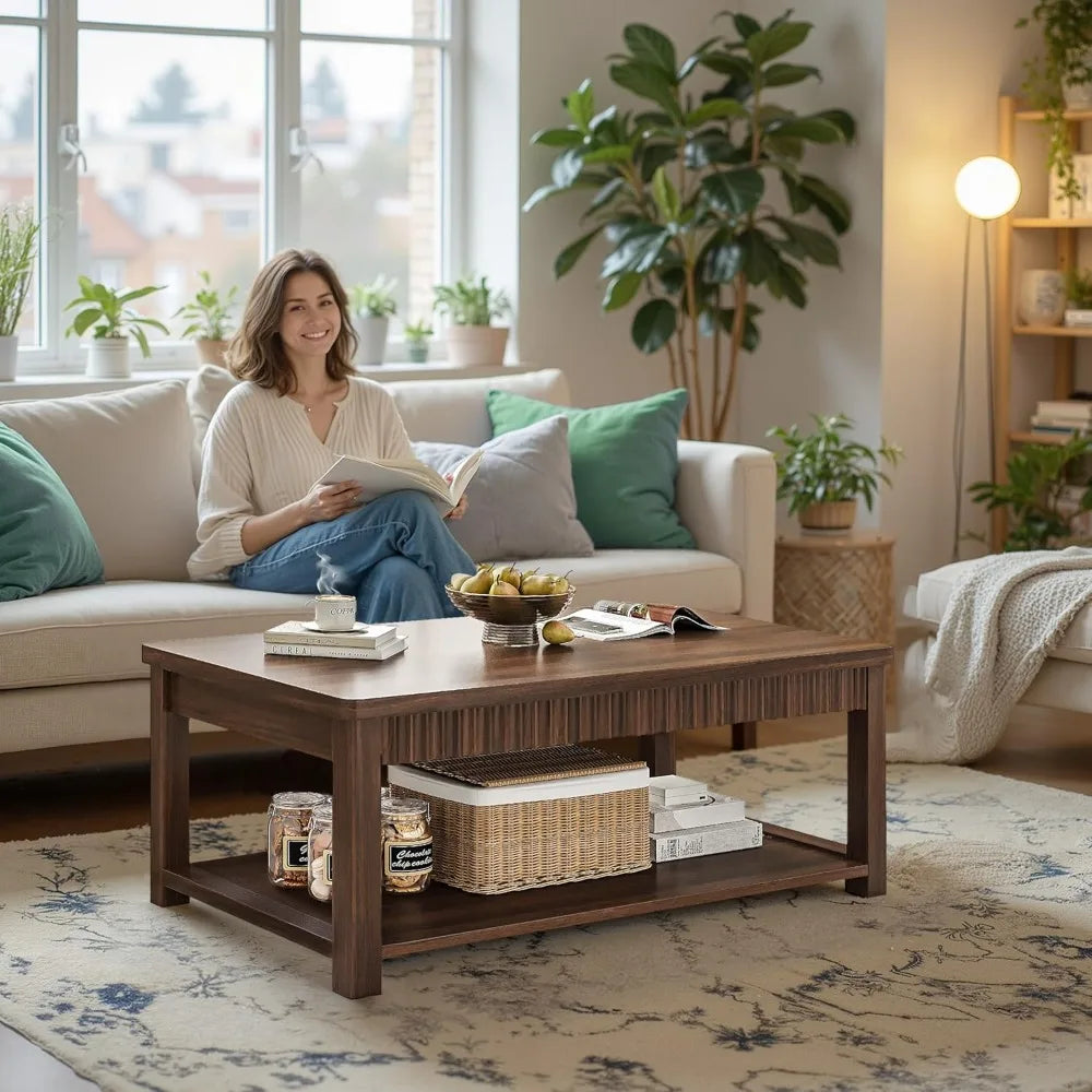 Coffee Table, 39 Inch Modern Coffee Tables for Living Room with 2-Tier Storage & Wave-Edge, Walnut Center Table for Bedroom/Offi