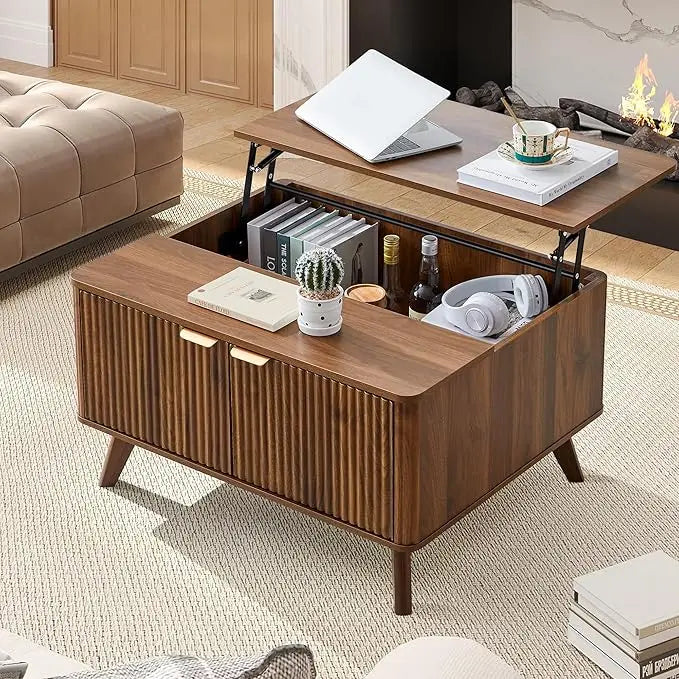 Fluted Lift Top Coffee Table with Large Hidden Compartment, 31.5” Wooden Center Table with Storage, Mid Century Modern Lift Tabl