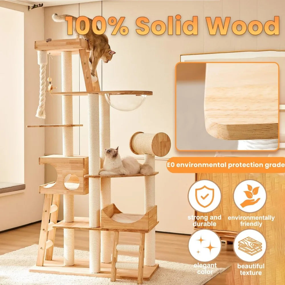 sturdy 74.8" tall maine coon cat tower with transparent bowl, ladder, and luxury condo