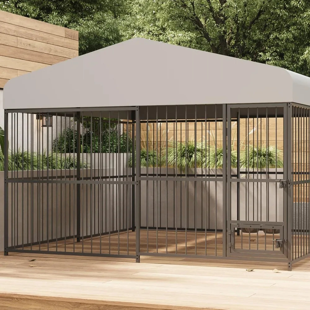 Large Outdoor Dog Kennel - 10x10x6 Feet, Heavy Duty, Lockable, Waterproof Roof, Stainless Steel Swivel Feeder