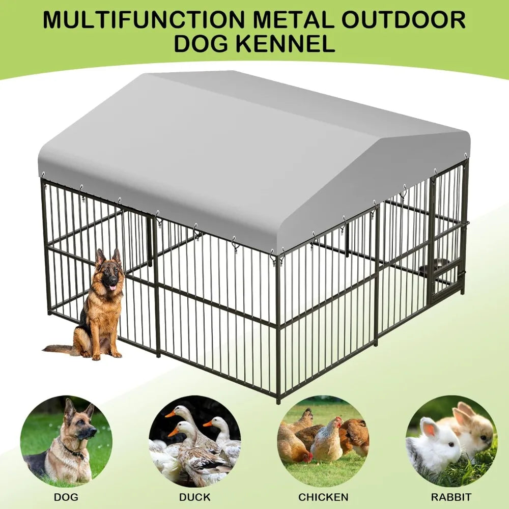 Large Outdoor Dog Kennel - 10x10x6 Feet, Heavy Duty, Lockable, Waterproof Roof, Stainless Steel Swivel Feeder
