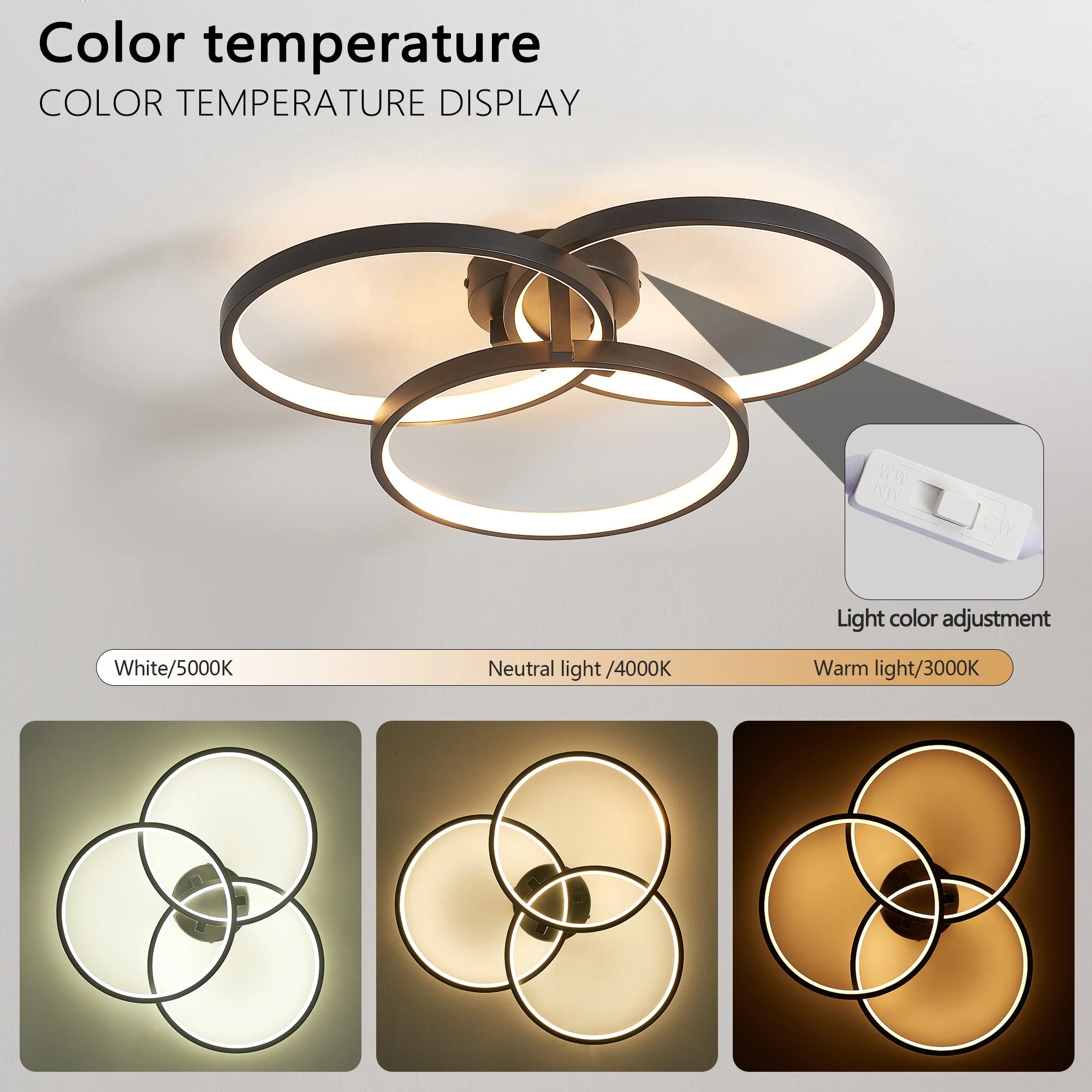 Modern Black LED Ceiling Light, 3-Ring Flush Mount Fixture for Living Room, Bedroom, or Dining Room, Sleek and Energy-Efficient