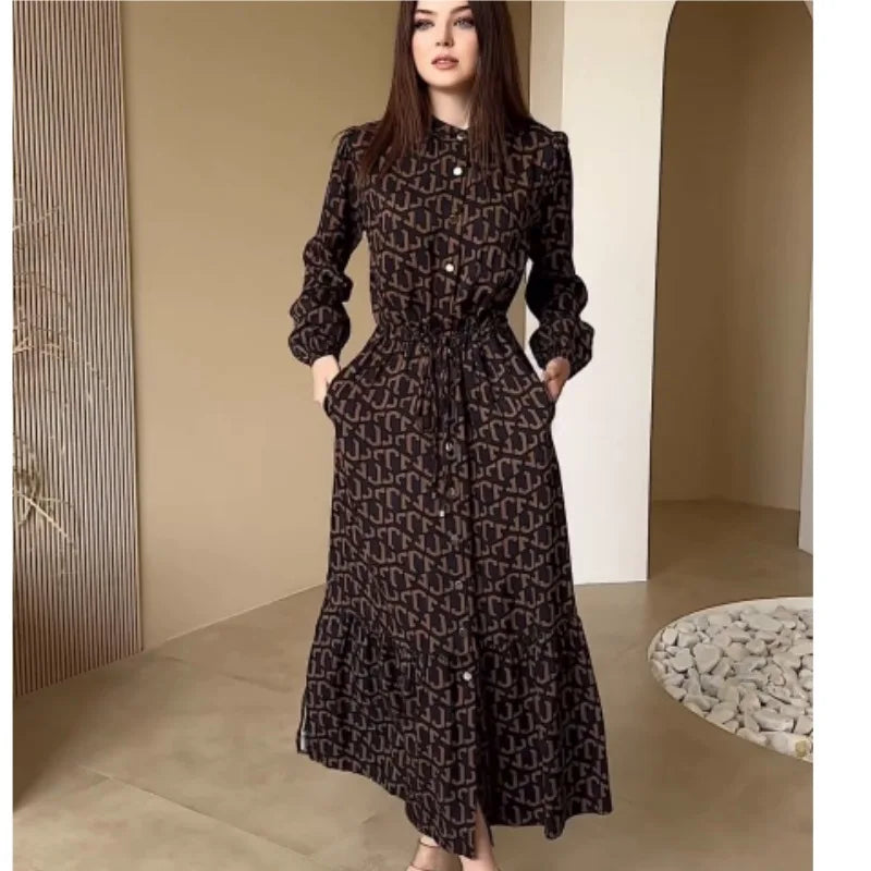 Women'sEuropean  Clothing Autumn and Winter New Elegant Sexy Fashion Digital Printing Leisure Dresssmall floral long skirt