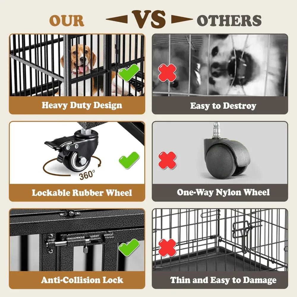 dog crate with removable tray, 37/42/46 inch indestructible and escape proof steel dog cage kennel for high anxiety dogs, heavy