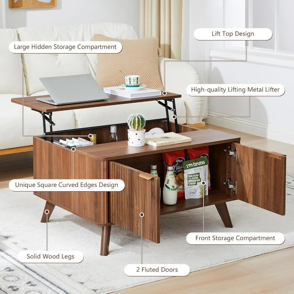 Fluted Lift Top Coffee Table with Large Hidden Compartment, 31.5” Wooden Center Table with Storage, Mid Century Modern Lift Tabl