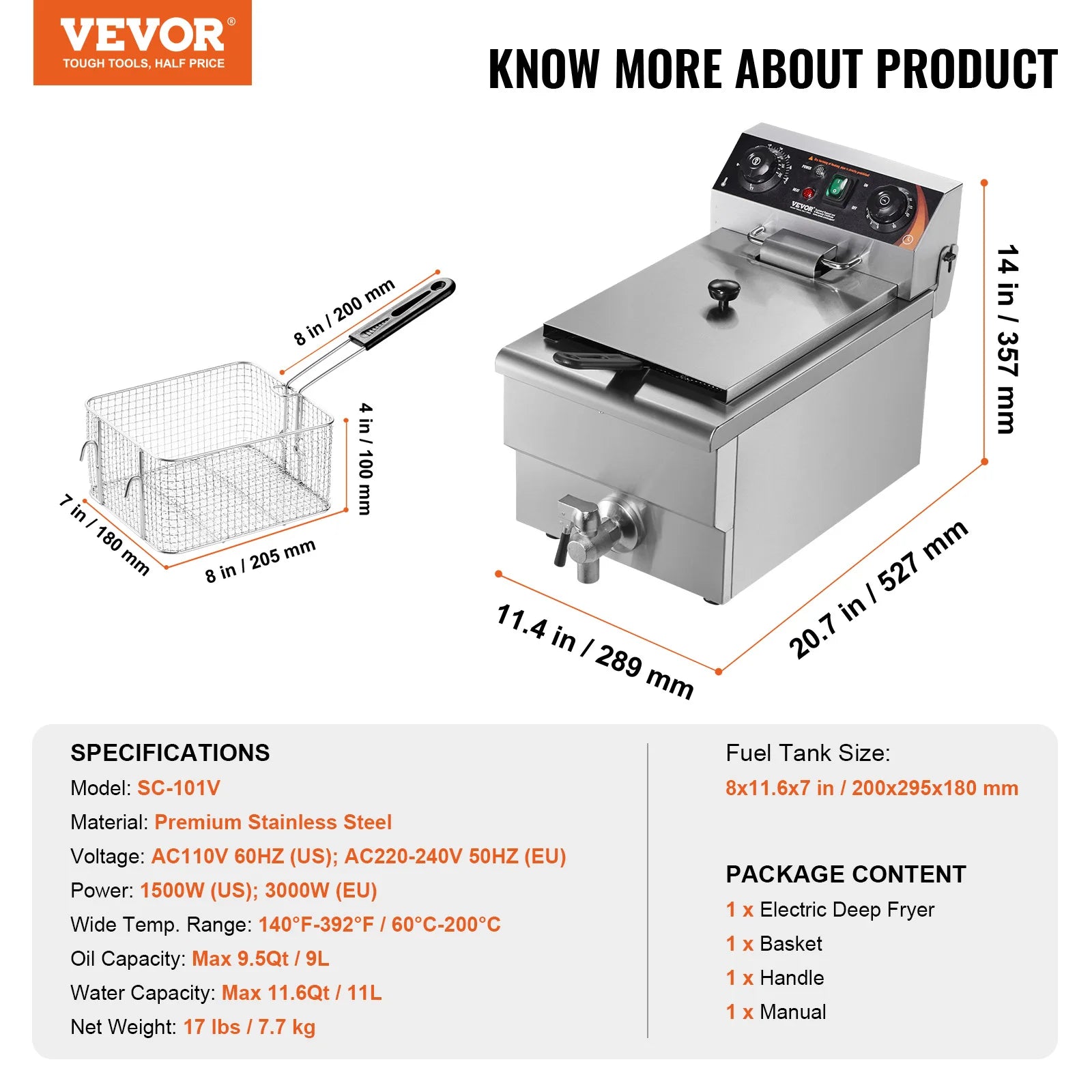 SucceBuy Commercial Deep Fryer Electric Countertop Fryer with Basket Stainless Steel Single Oil Fryer with Time & Temp Control