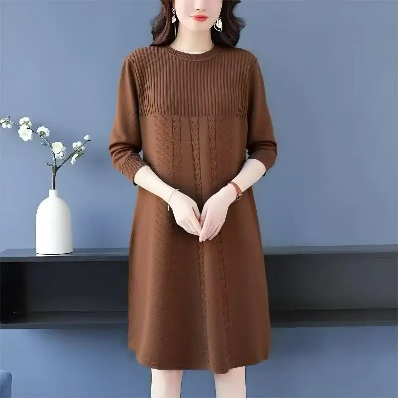 Women's Clothing Elegant All-match Solid Knit Dresses Autumn Winter New Casual Loose Long Sleeve Knee-Length Sweater Pullovers