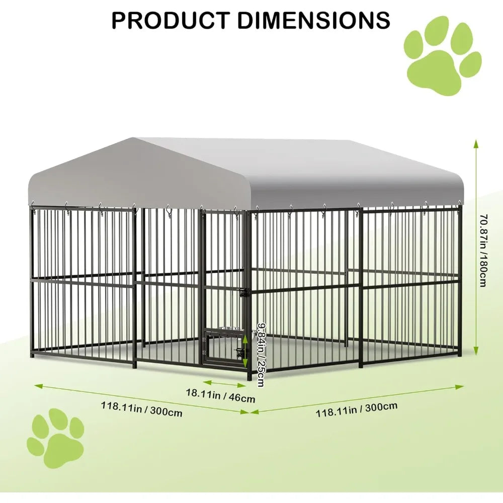 Large Outdoor Dog Kennel - 10x10x6 Feet, Heavy Duty, Lockable, Waterproof Roof, Stainless Steel Swivel Feeder