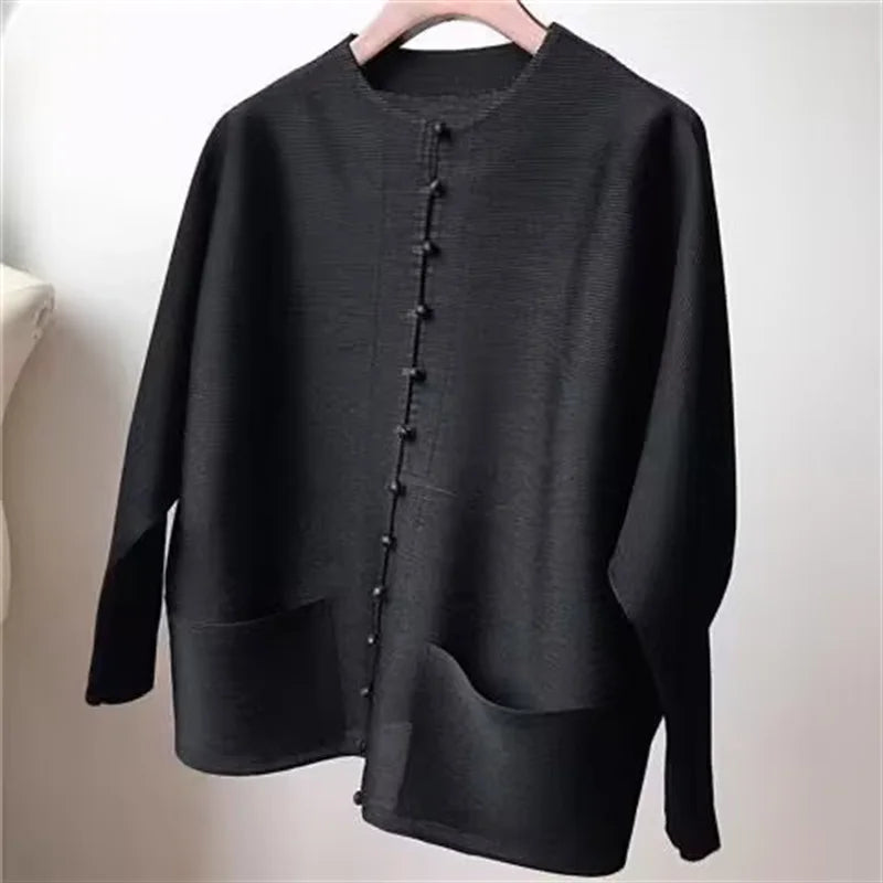 Woman Clothing T-shirt Bat Sleeves Loose and Pleated Small Jacket Women's Single-breasted Pocket Design Pleated Semi-Turtleneck