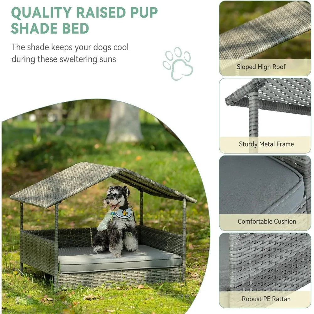 wicker dog house with canopy, 32" outdoor elevated rattan dog bed with water-resistant soft cushion, large outside raised dog sh