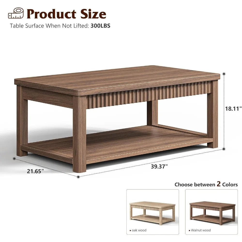 Coffee Table, 39 Inch Modern Coffee Tables for Living Room with 2-Tier Storage & Wave-Edge, Walnut Center Table for Bedroom/Offi