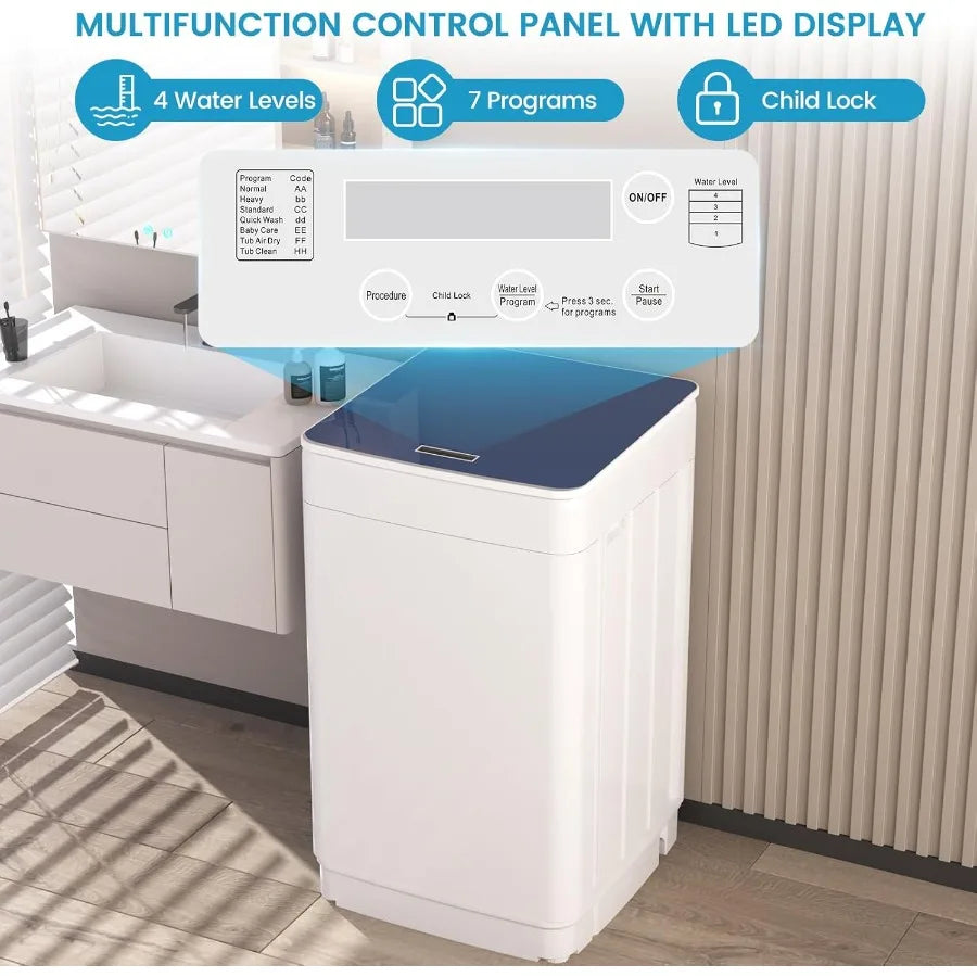 18Lbs Portable Full Automatic Washing Machine Compact Laundry Washer with 7 Wash Programs Builtin Drain Pump LED Display Washer