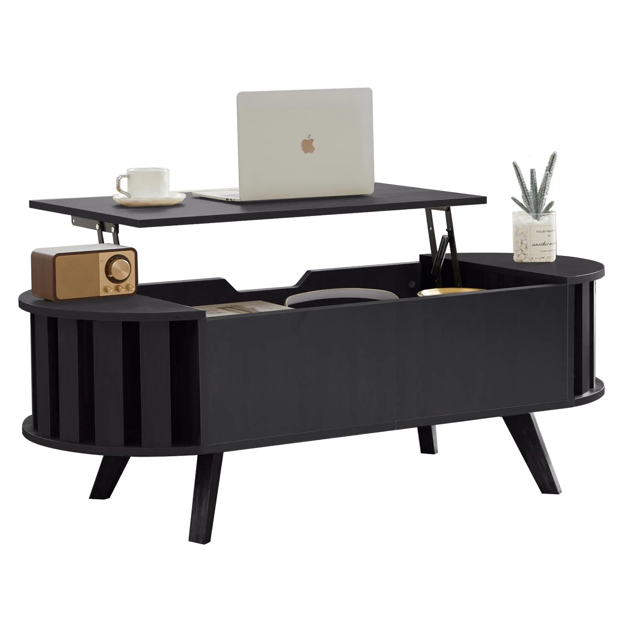 Wooden lift-top coffee table with hidden storage, 47.24-inch oval lift-top surface, low-profile living room coffee table, curved