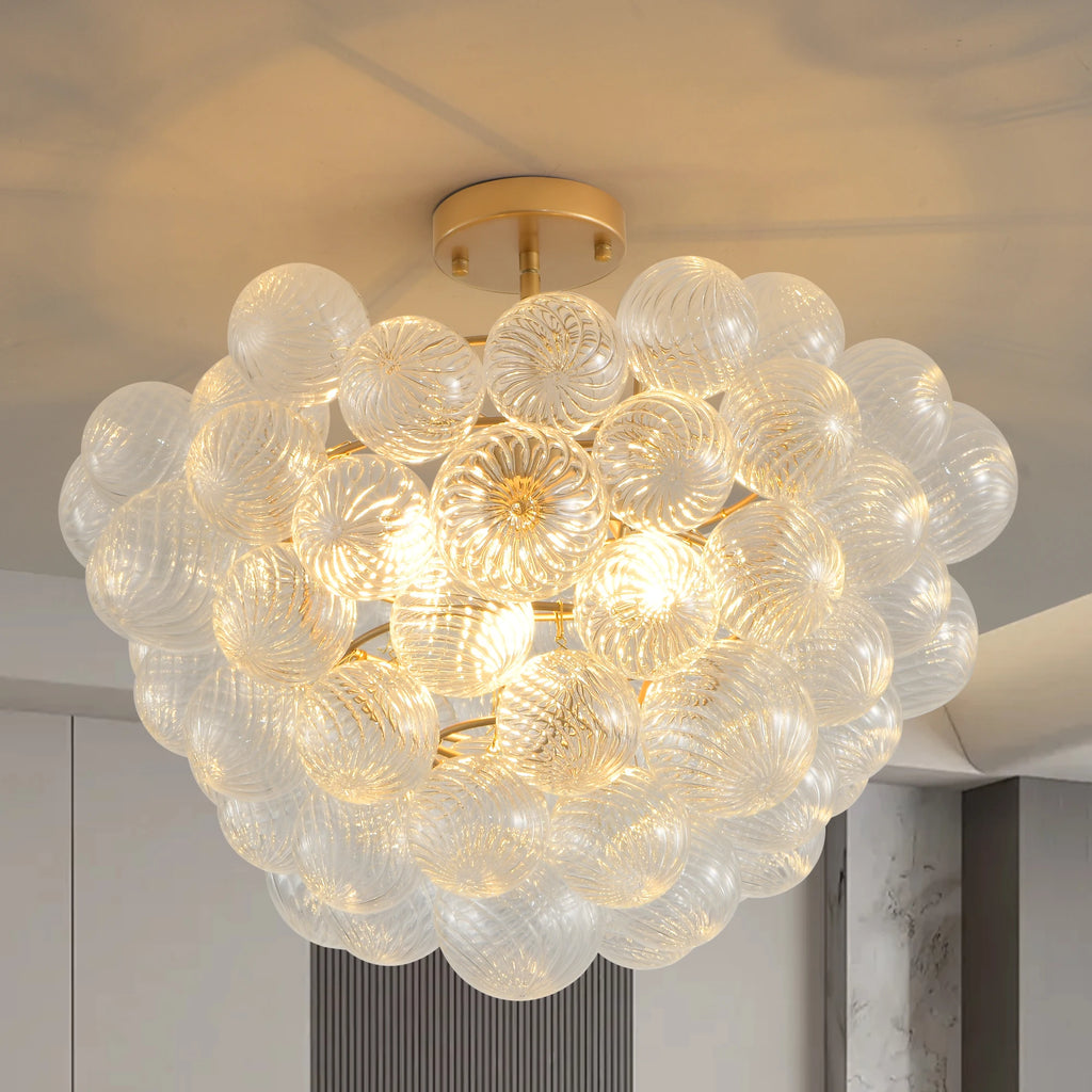 Golden Ceiling Pendant Light Chandelier with Threaded Clear Glass Globe Shade – Ideal for Living Room, Dining Room, Kitchen