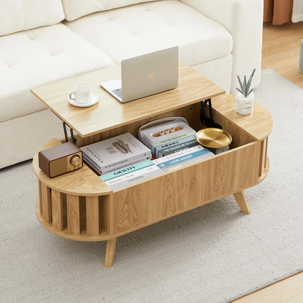 Wooden lift-top coffee table with hidden storage, 47.24-inch oval lift-top surface, low-profile living room coffee table, curved
