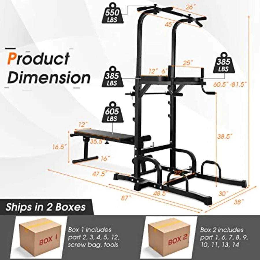 Power Tower with Bench, Multifunctional Home Gym Pull Up Bar Stand Dip Station w/ 7 Adjustable Heights & Foldable Weight Bench,