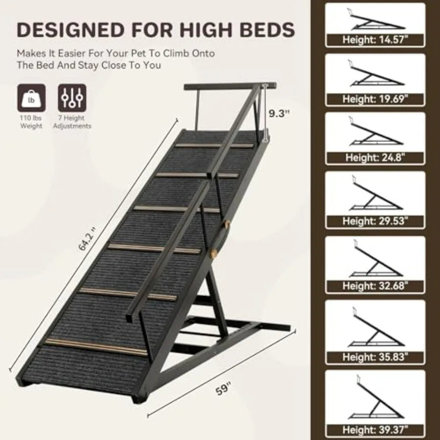 Pet Ramp Folding Portable Wooden Dog Cat Ramps for Couch or Bed Including Non Slip Mat Safety Side Rails 64.2 Inch Long and Hei