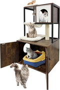 "contemporary cat tree with litter box hiding spot, condo, hammock, scratching pad, and swinging ball"