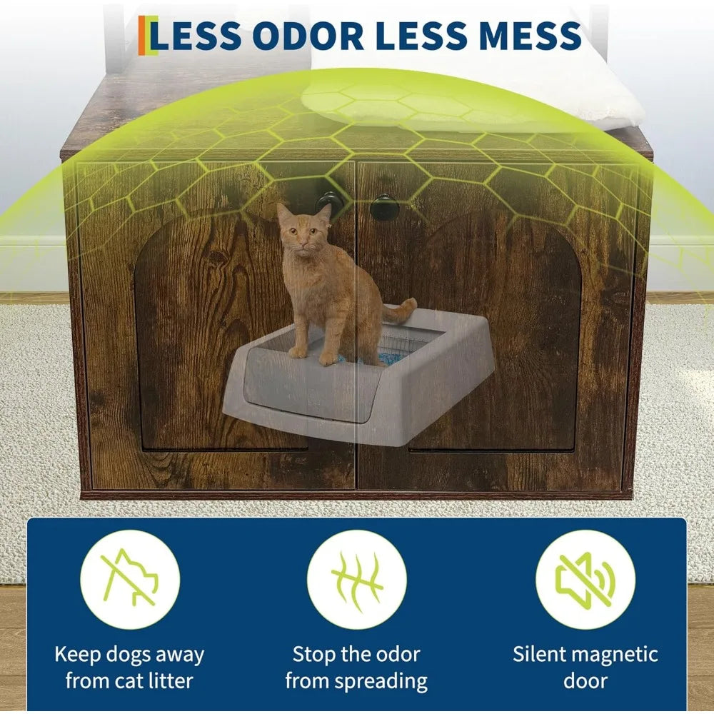 "contemporary cat tree with litter box hiding spot, condo, hammock, scratching pad, and swinging ball"