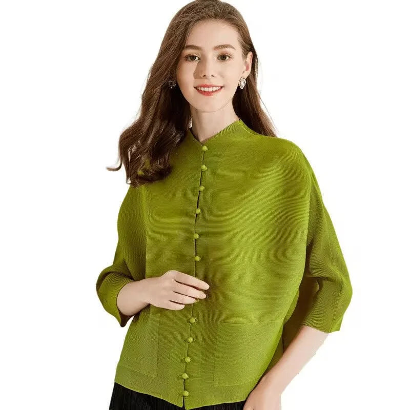 Woman Clothing T-shirt Bat Sleeves Loose and Pleated Small Jacket Women's Single-breasted Pocket Design Pleated Semi-Turtleneck