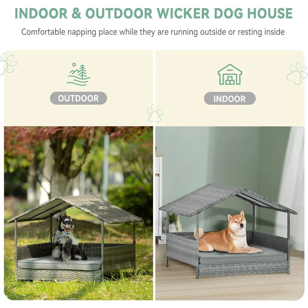wicker dog house with canopy, 32" outdoor elevated rattan dog bed with water-resistant soft cushion, large outside raised dog sh