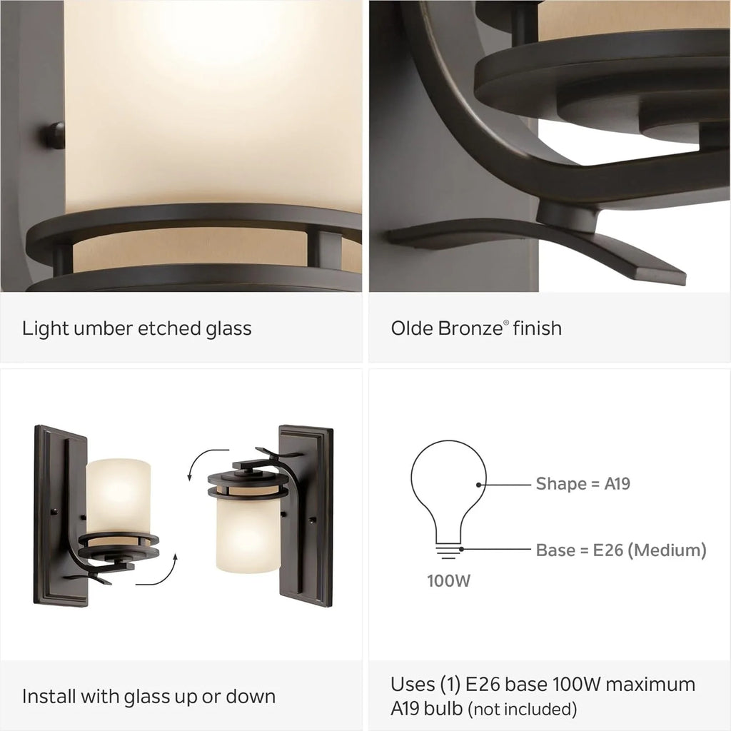 12" 1 Light Wall Sconce  Light Umber Etched Glass Olde Bronze®, 5.25"