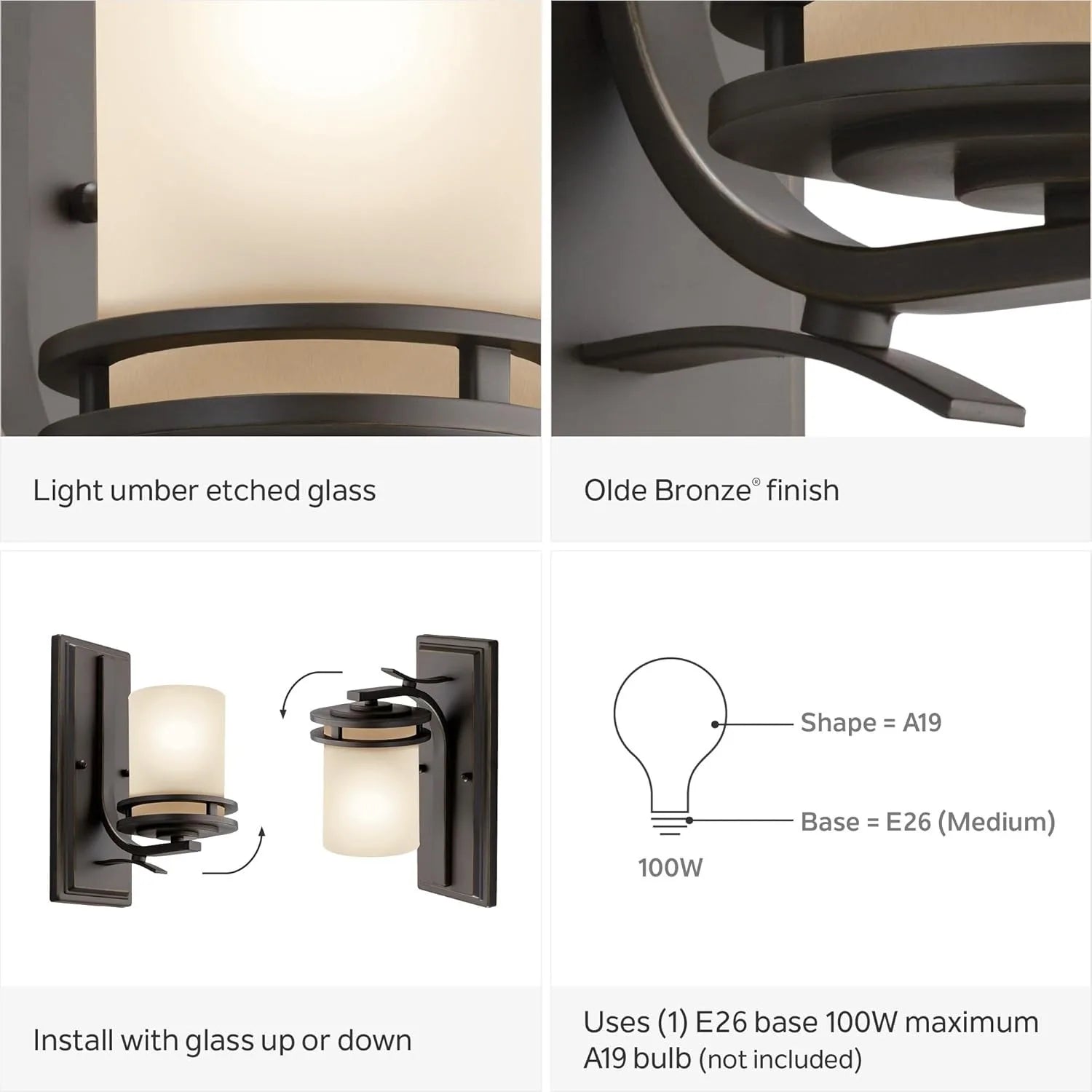 12" 1 Light Wall Sconce  Light Umber Etched Glass Olde Bronze®, 5.25"