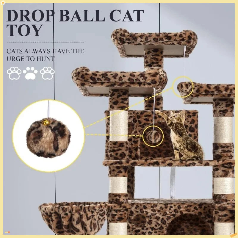 68'' Tall Cat Tree House for Large Cats, Multi-Level Playground with Condo & Scratching Posts, Space-Saving Leopard Design