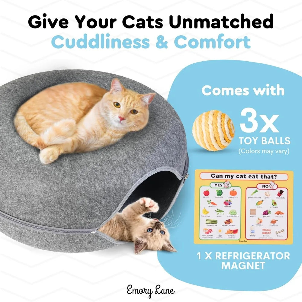 - Premium Cat Cave, Multifunctional Donut Tunnel Bed, Round Felt Cave with Zipper, for Pets up to 40 Lbs (24x24x11 Inch) (Dark