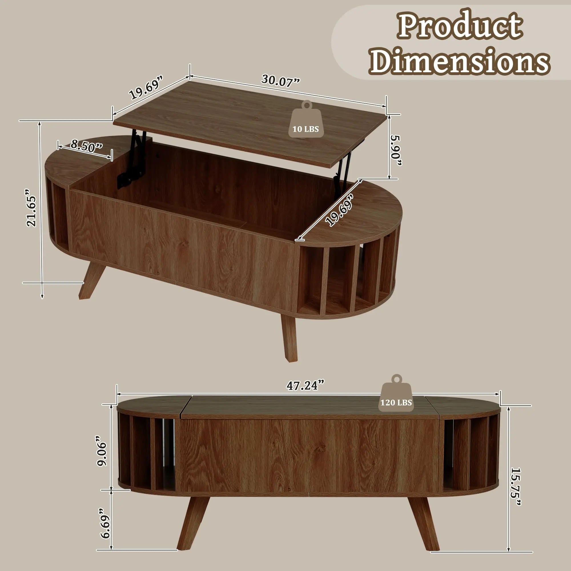 Wooden lift-top coffee table with hidden storage, 47.24-inch oval lift-top surface, low-profile living room coffee table, curved